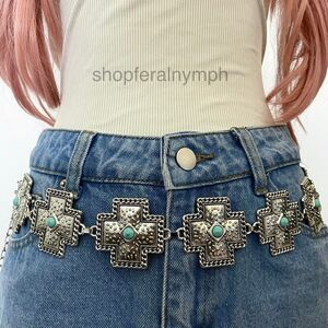Silver Y2K Western Turquoise Cross Chain Belt, Fits 25-42 Inches, X7GA1491